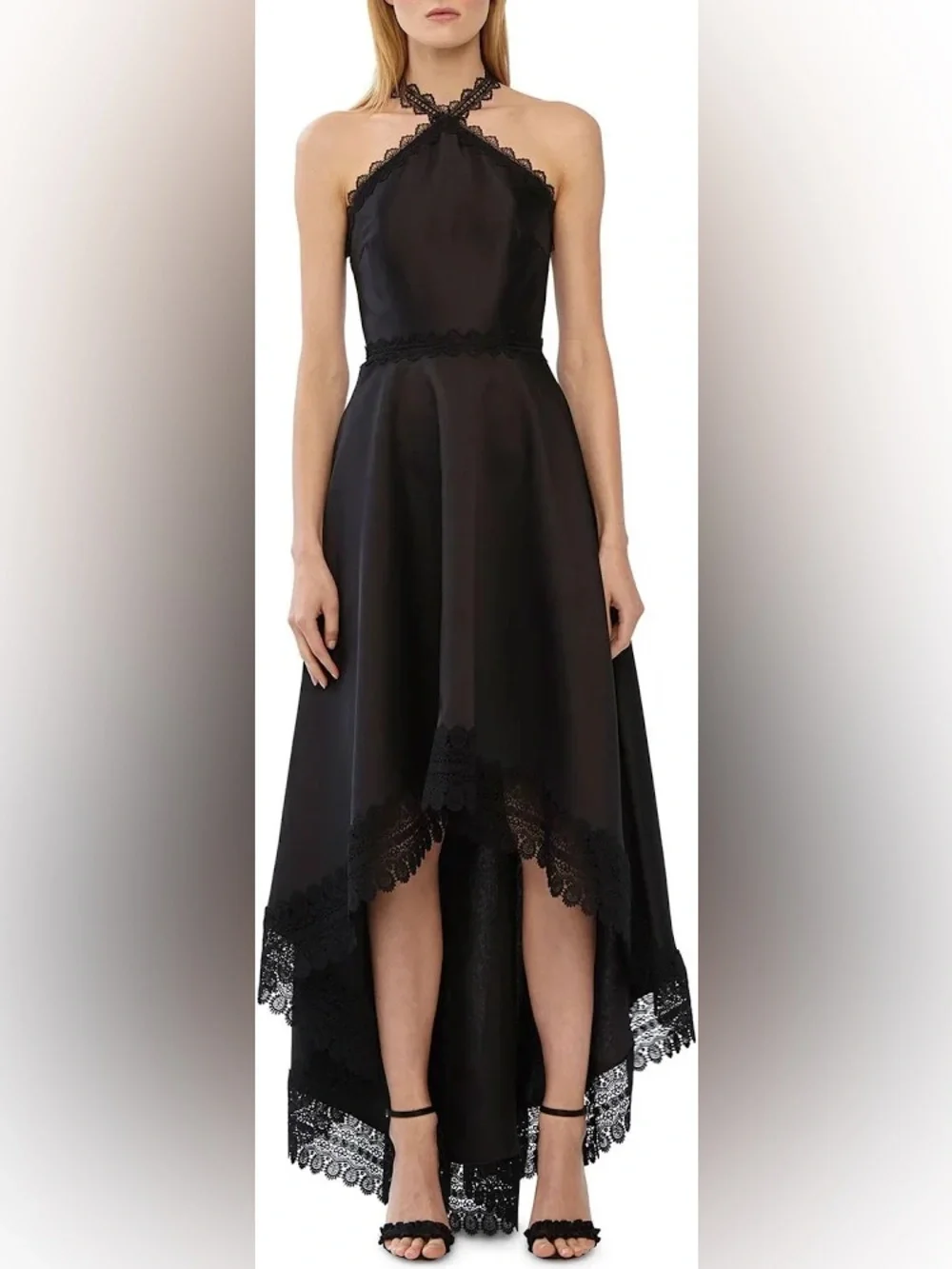Monique Lhuillier ML Evening Hi-Low Black Mikado Gown halter lace - Picture 1 of 10